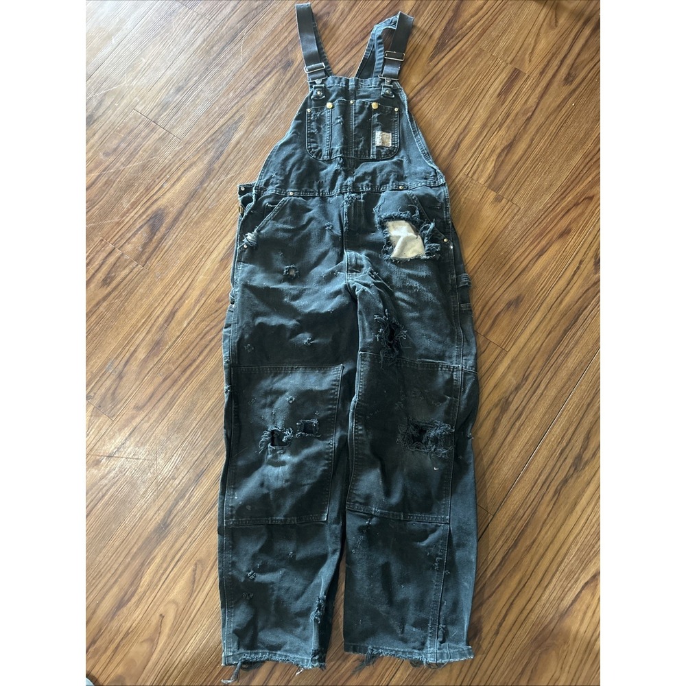 Y2k Vintage Carhartt Double Knee Overalls Black Distressed 36x28 Carpenter XL
